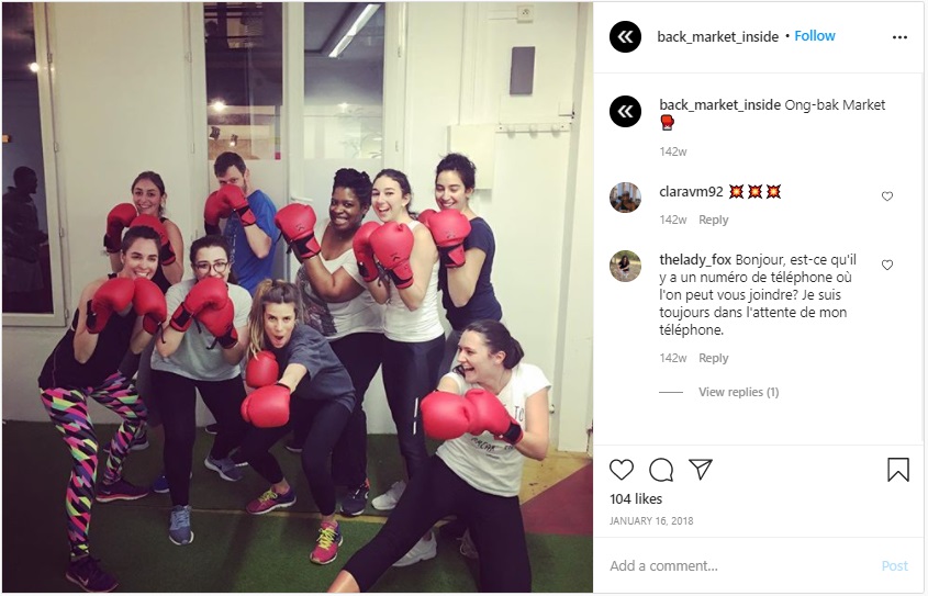 Post Instagram montrant des collaborateurs d'une entreprise assistant à un cours de boxe