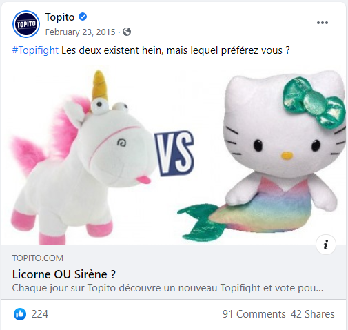 Publication Facebook de Topico comparant les Licornes et les Sirènes