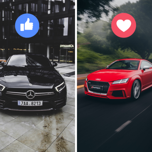 Post Facebook comparant 2 voitures à l'aide des réactions pouce bleu et coeur