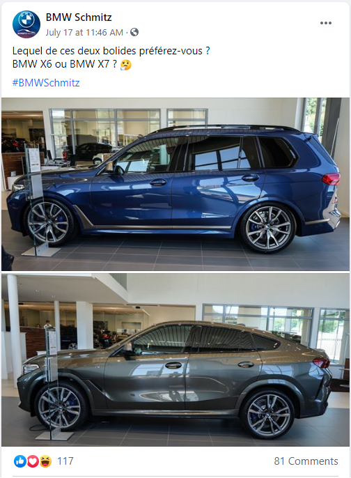 Publication Facebook de BMW pour savoir si les gens préfèrent la BMW X6 ou la BMW X7