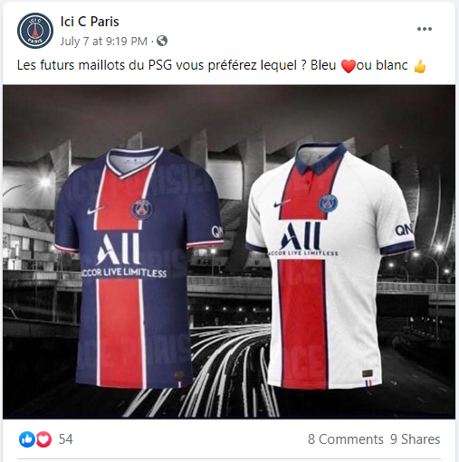 Post Facebook comparant 2 maillots du Paris Saint Germain
