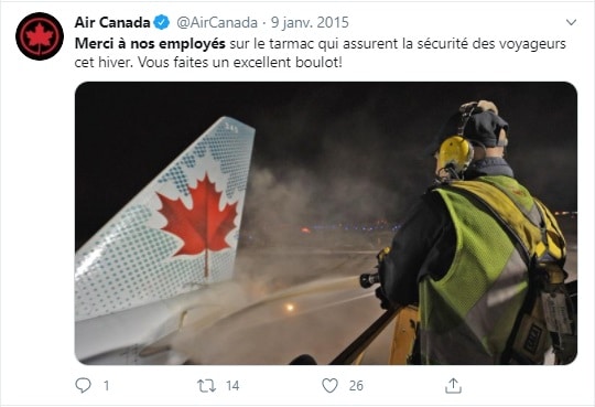 Tweet de remerciement de la société Air Canada