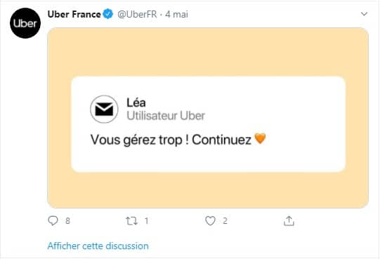 Tweet de Uber France mentionnant une utilisatrice satisfaite