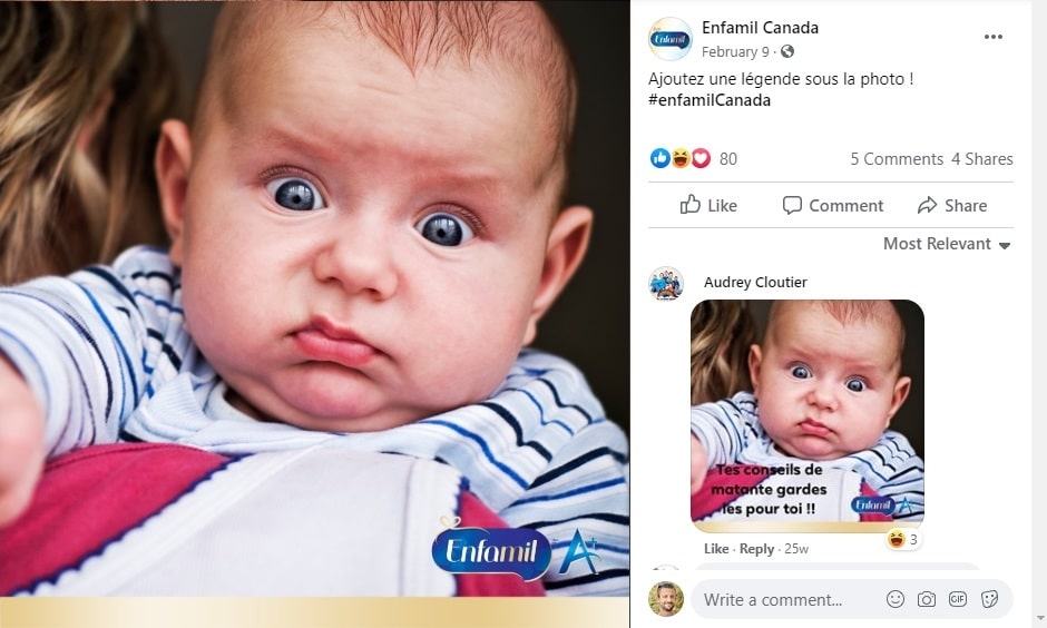 Publication Facebook montrant un bébé grimaçant
