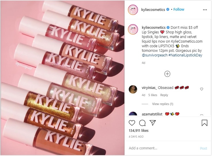 Photo Instagram de produits Kylie Cosmetics