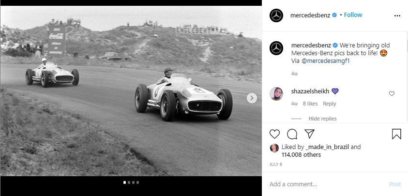 Post Instagram montrant une photo ancienne d'une marque