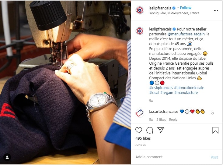 Photo Instagram du compte Le Slip Francais montrant un vêtement en train d'être cousu à la main