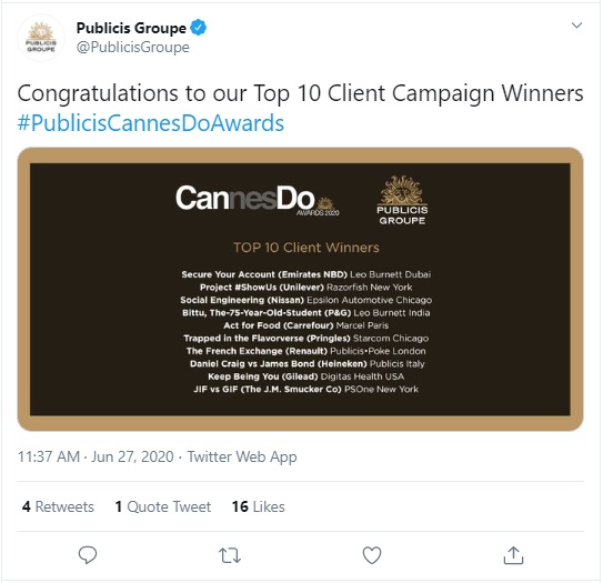 Tweet de Publicis Groupe montrant une liste de lauréats