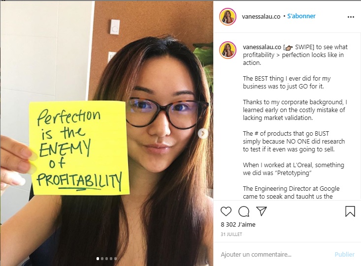 Post Instagram de Vanessa Lau tenant un post It dans sa main