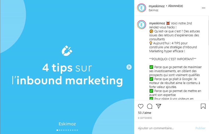 Publication Instagram comprenant 4 astuces de la société Eskimoz