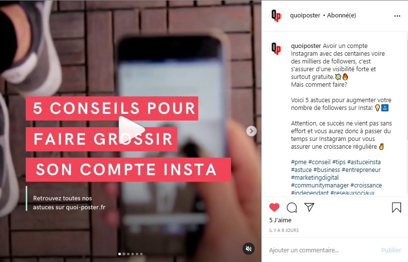 Vidéo Instagram montrant 5 astuces pour faire grossir son compte Instagram