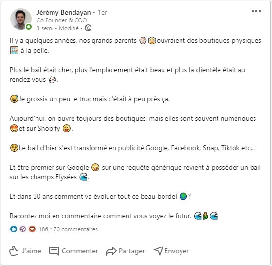 Post Linkedin du fondateur de Spashr Jeremy Bendayan