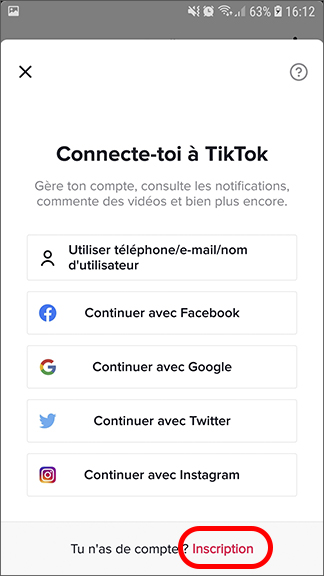 Page de connexion à un compte Tiktok