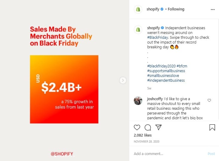 Publication Instagram du compte Shopify montrant des statistiques de leur secteur d'activité.